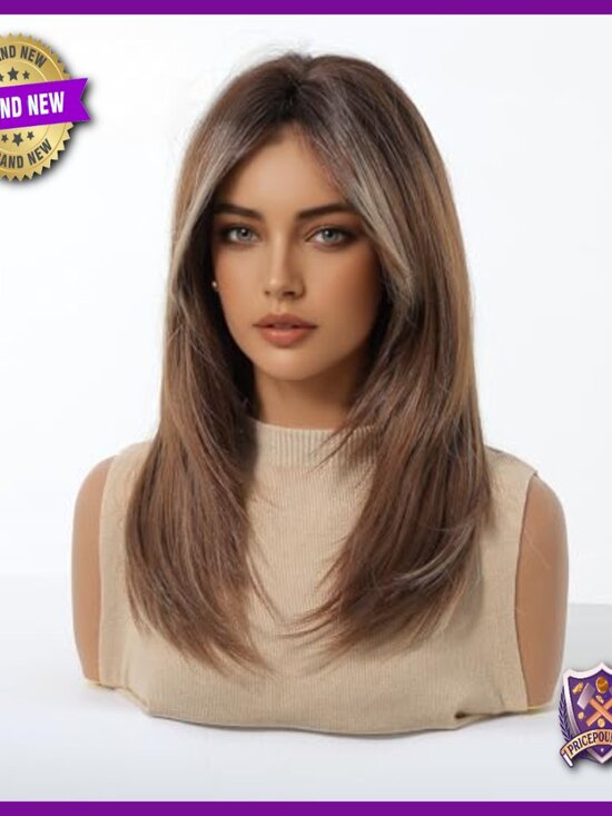Medium Length Human Hair Wig Layered Straight Middle Part Glueless Lightweight main image 6